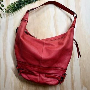 B. Makowsky Coral Red Pebbled Leather Hobo Shoulder Bag Slouch Purse